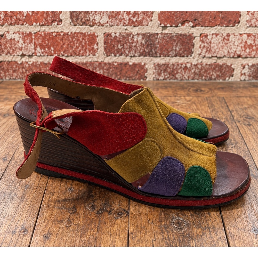 Vintage Suede Rainbow Wedge Sandals Retro Boho Eclectic 70s Patchwork Festival